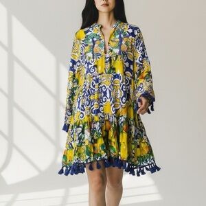 NEW Antica Sartoria by Giacomo Cinque Lemon Patterned Dress with Tassels OS